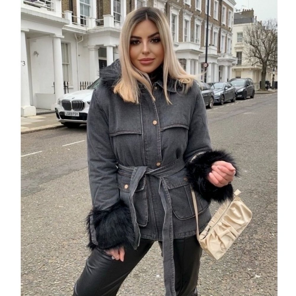 Shearling Lined Long Sleeve Denim Jeans Jacket with Detachable Fur Collar & Cuff - Picture 8 of 13